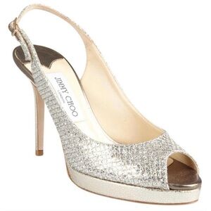 Jimmy Choo 38.5 Nova Champagne Glitter Gold Silver Peep Toe Sling Back Heels